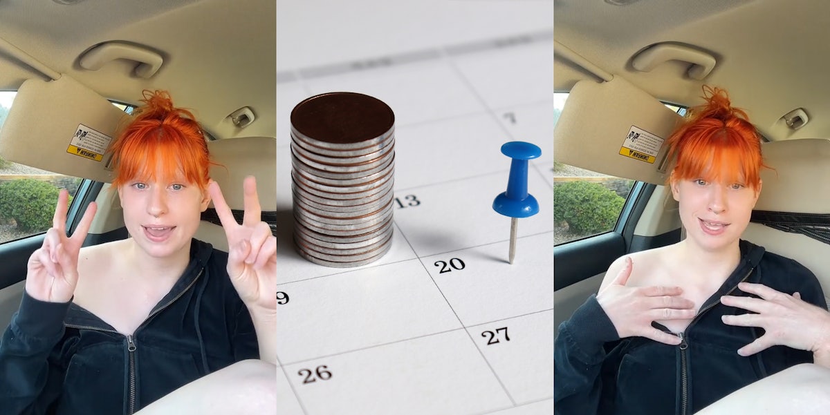 person speaking in car making air quotes with fingers (l) coins and pin in calendar (c) person speaking in car with hands on chest (r)