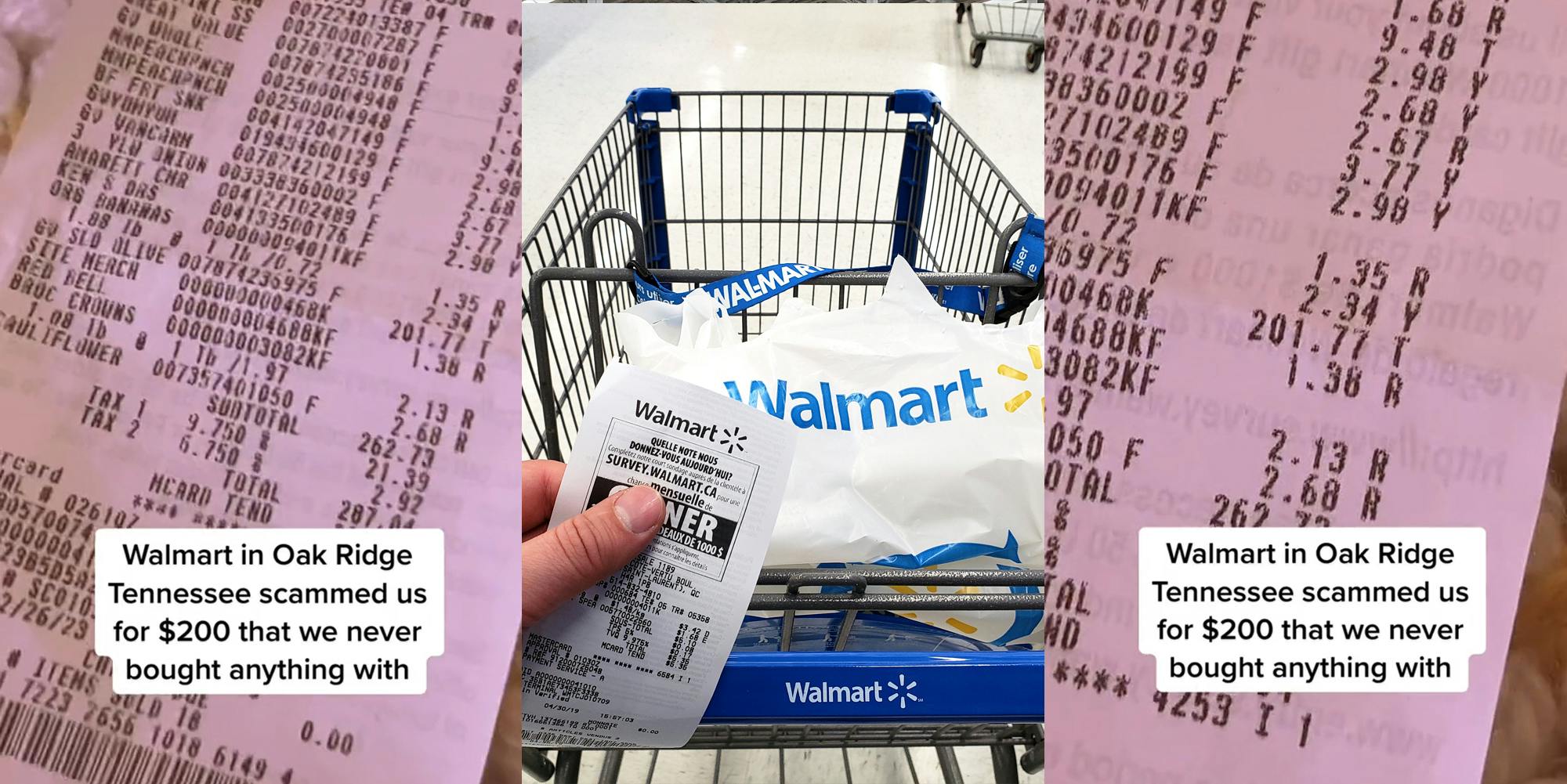 Walmart receipt with $201.77 charge for SITE MERCH with caption "Walmart in Oak Ridge Tennessee scammed us for $200 that we never bought anything with" (l) hand holding Walmart receipt in store with cart and bag (c) Walmart receipt with $201.77 charge for SITE MERCH with caption "Walmart in Oak Ridge Tennessee scammed us for $200 that we never bought anything with" (r)