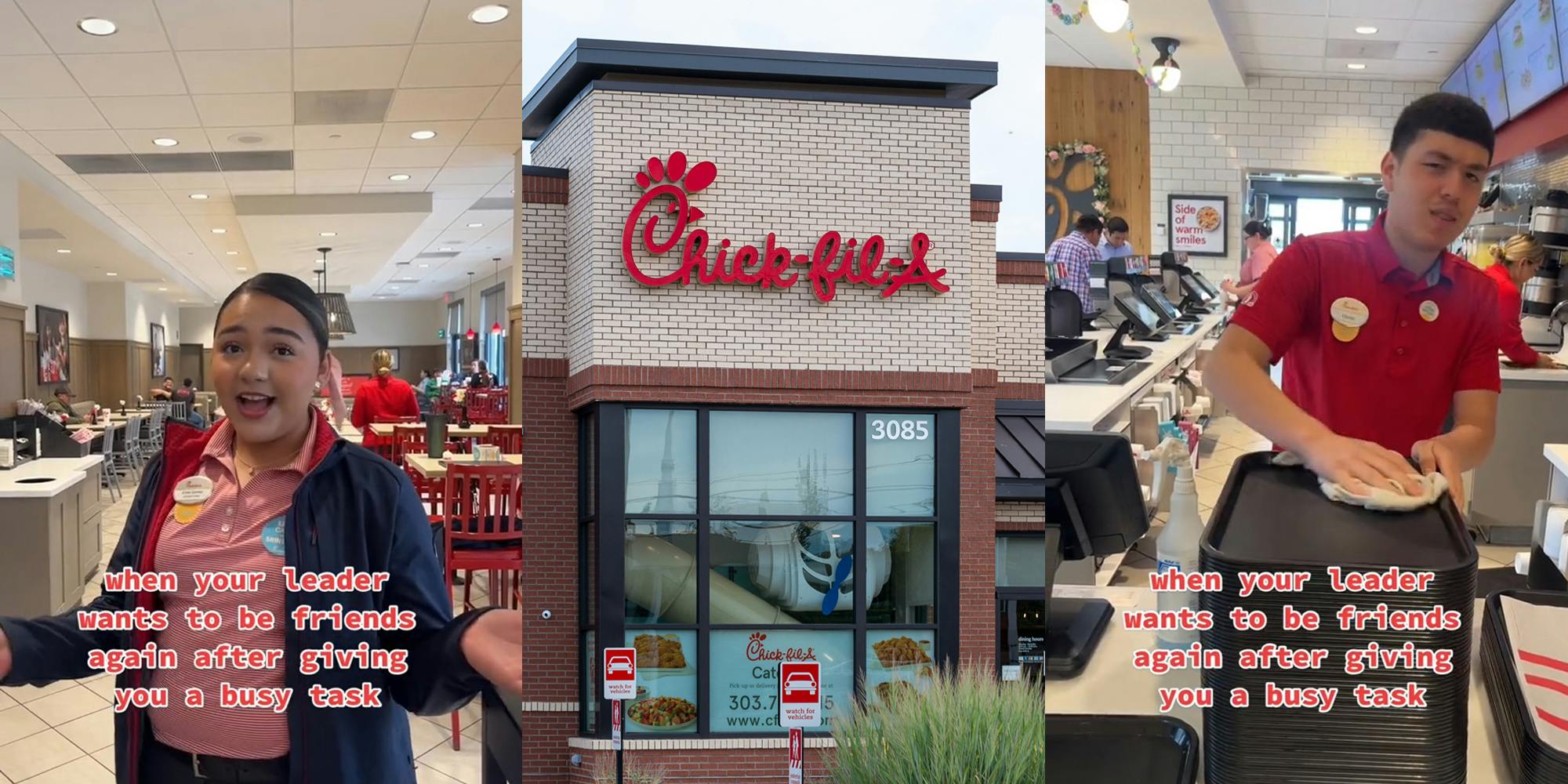 Chick-Fil-A employee with arms out with caption "when your leader wants to be friends again after giving you a busy task" (l) Chick-Fil-A building with sign (c) Chick-Fil-A employee cleaning tray with caption "when your leader wants to be friends again after giving you a busy task" (r)