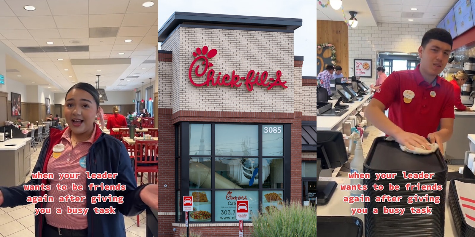 Chick-Fil-A employee with arms out with caption 'when your leader wants to be friends again after giving you a busy task' (l) Chick-Fil-A building with sign (c) Chick-Fil-A employee cleaning tray with caption 'when your leader wants to be friends again after giving you a busy task' (r)