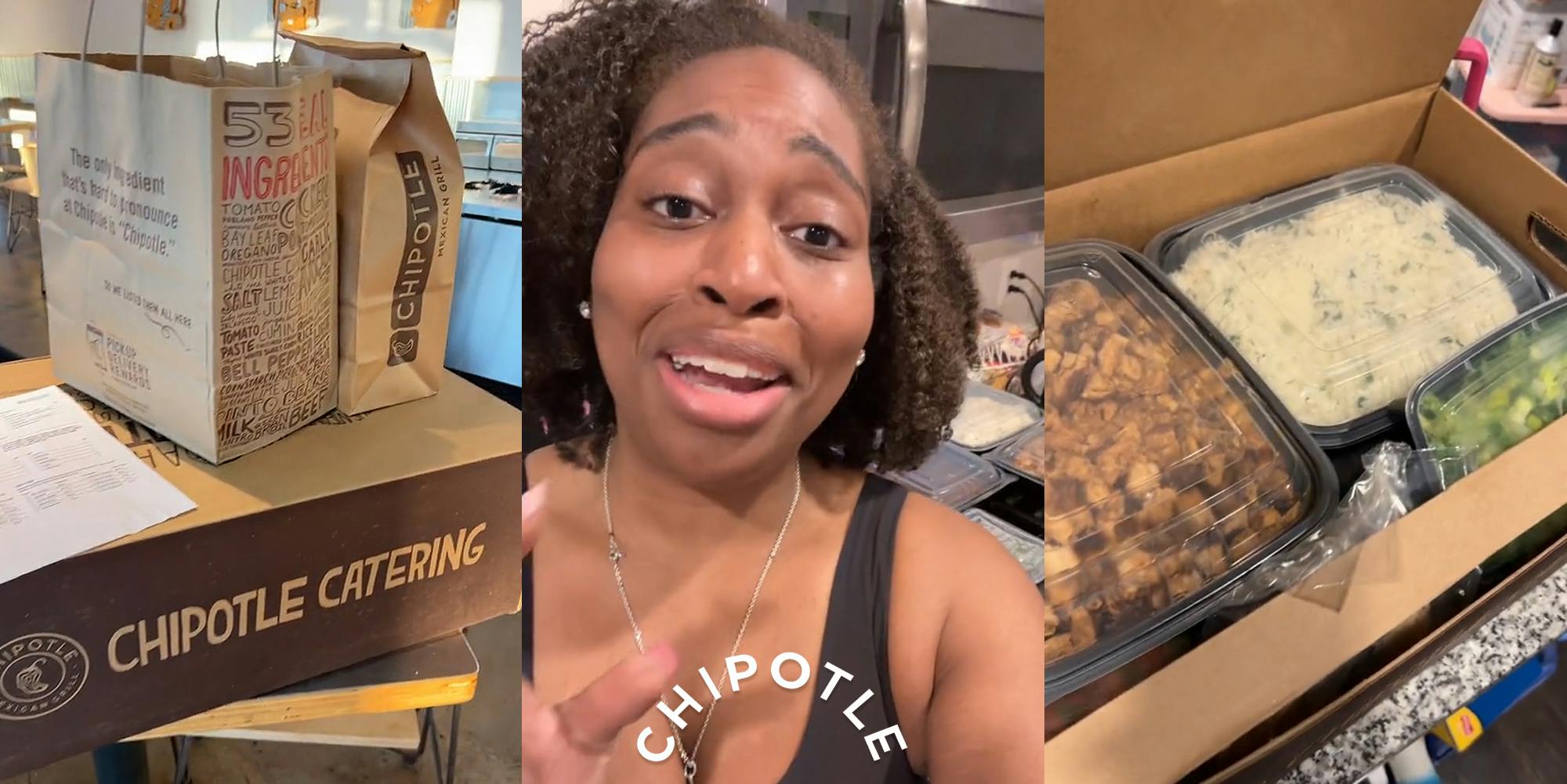 Chipotle Catering box with bags on top (l) woman speaking in kitchen with Chipotle logo at bottom (c) Chipotle food in containers in box (r)