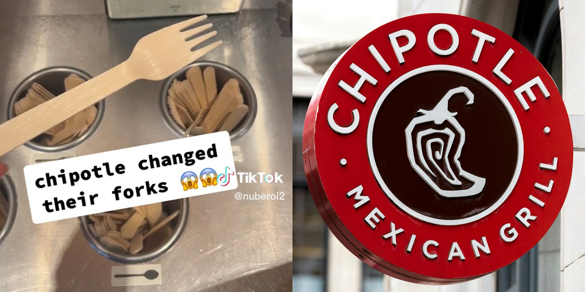 A screenshot showing Chipotle forks next to a Chipotle sign. A screenshot showing Chipotle forks next to a Chipotle sign.