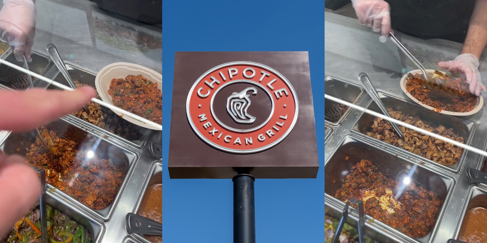 Chipotle customer pointing to meat (l) Chipotle sign in front of blue sky (c) Chipotle worker scooping meat into container (r)