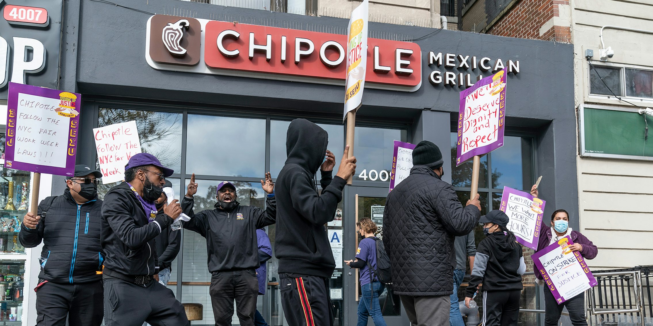 New York, NY - October 27, 2021: Workers of Chipotle store on strike for poor working conditions and violations of city Fair Workweek Law at the store in Upper Manhattan