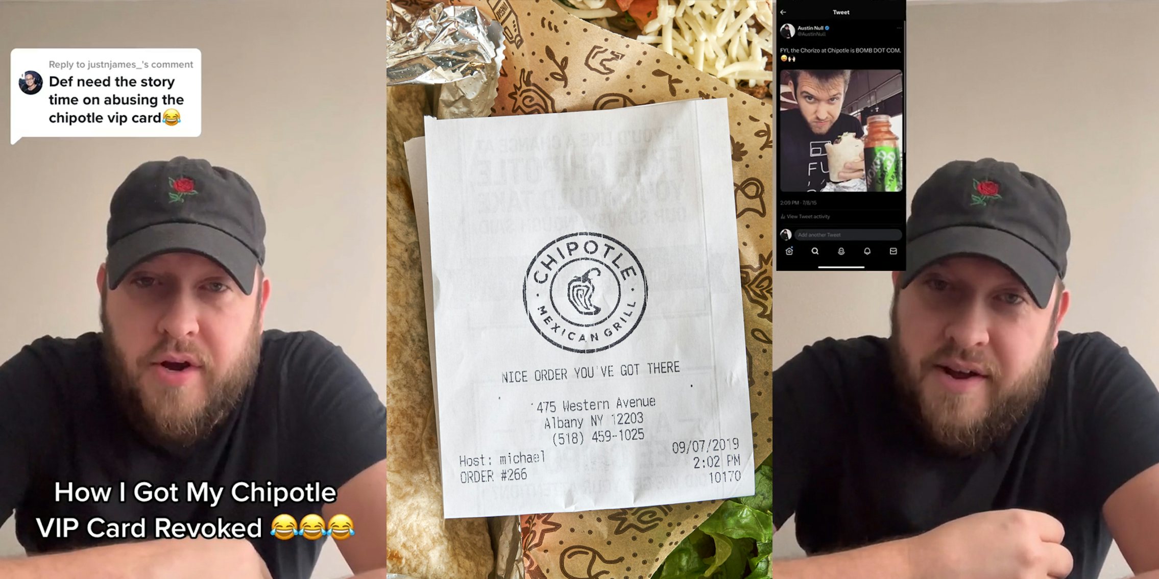 YouTuber speaking with caption 'Def need the story time on abusing the chipotle vip card' 'How I Got My Chipotle VIP Card Revoked' (l) Chipotle receipt with food (c) YouTuber speaking with Tweet in top left corner (r)