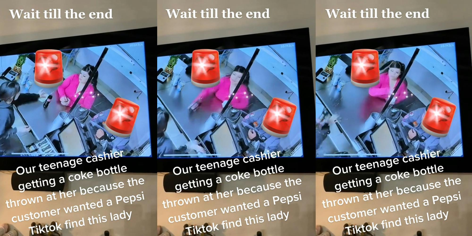 security camera footage playing on tv with woman and cashier interaction with caption "Wait till the end our teenage cashier getting a coke bottle thrown at her because the customer wanted Pepsi TikTok find this lady" (l) security camera footage playing on tv with woman pushing bottle of coke at cashier with caption "Wait till the end our teenage cashier getting a coke bottle thrown at her because the customer wanted Pepsi TikTok find this lady" (c) security camera footage playing on tv with woman hitting cashier with coke bottle with caption "Wait till the end our teenage cashier getting a coke bottle thrown at her because the customer wanted Pepsi TikTok find this lady" (r)