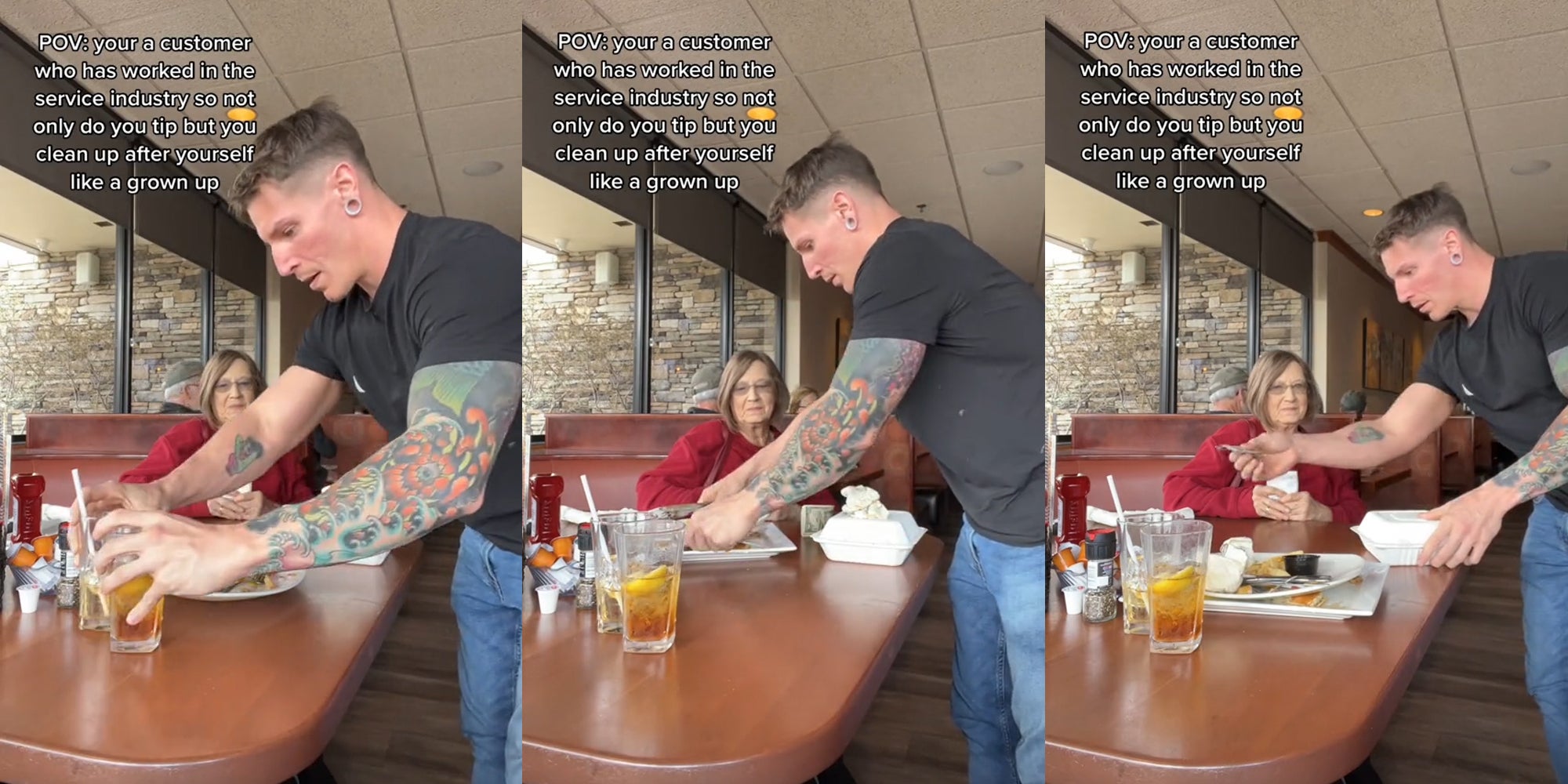 customer cleaning up table with caption 'POV: your a customer who has worked in the service industry so not only do you tip but you clean up after yourself like a grown up' (l) customer cleaning up table with caption 'POV: your a customer who has worked in the service industry so not only do you tip but you clean up after yourself like a grown up' (c) customer cleaning up table holding tip with caption 'POV: your a customer who has worked in the service industry so not only do you tip but you clean up after yourself like a grown up' (r)