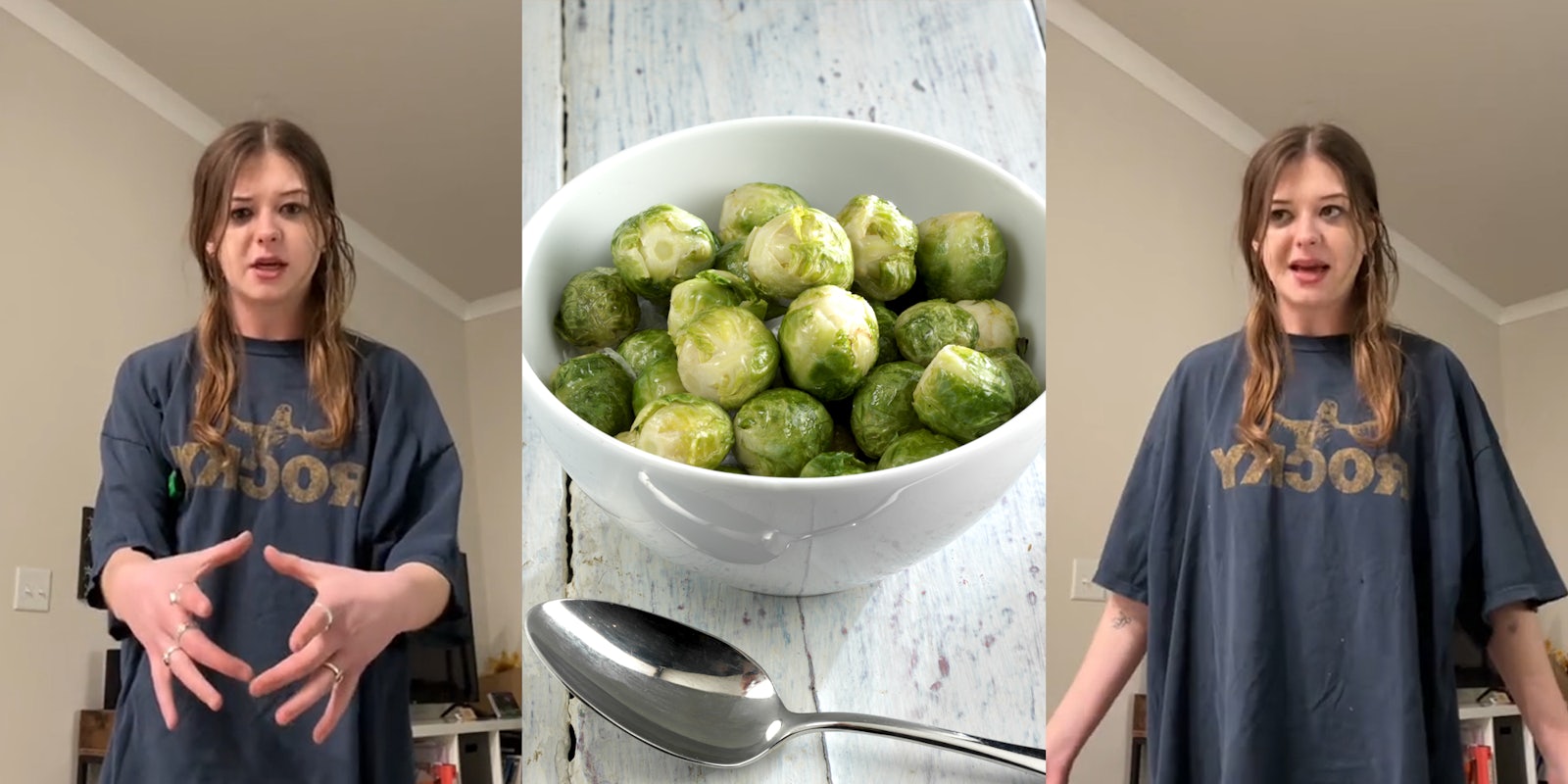 server speaking with hands showing size of bowl (l) brussel sprouts in bowl with spoon on white wooden table (c) server speaking with arms out (r)