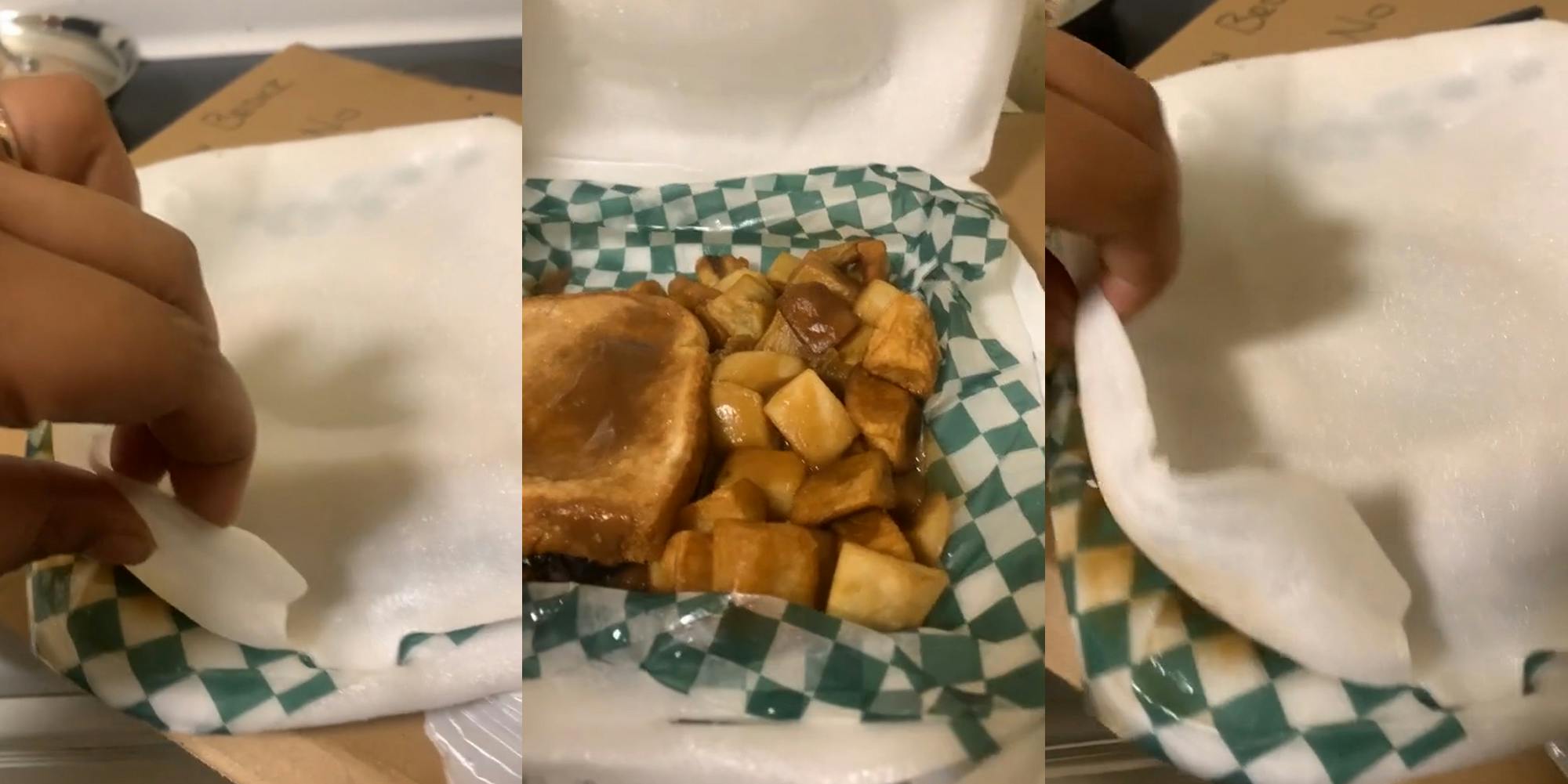 person trying to lift styrofoam lid off food (l) styrofoam container finally opened fully to reveal food (c) person trying to lift styrofoam lid on food (r)