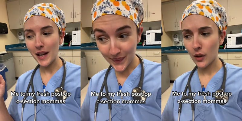 doctor speaking in office with caption "Me to my fresh post op c-section mommas" (l) doctor speaking in office with caption "Me to my fresh post op c-section mommas" (c) doctor speaking in office with caption "Me to my fresh post op c-section mommas" (r)
