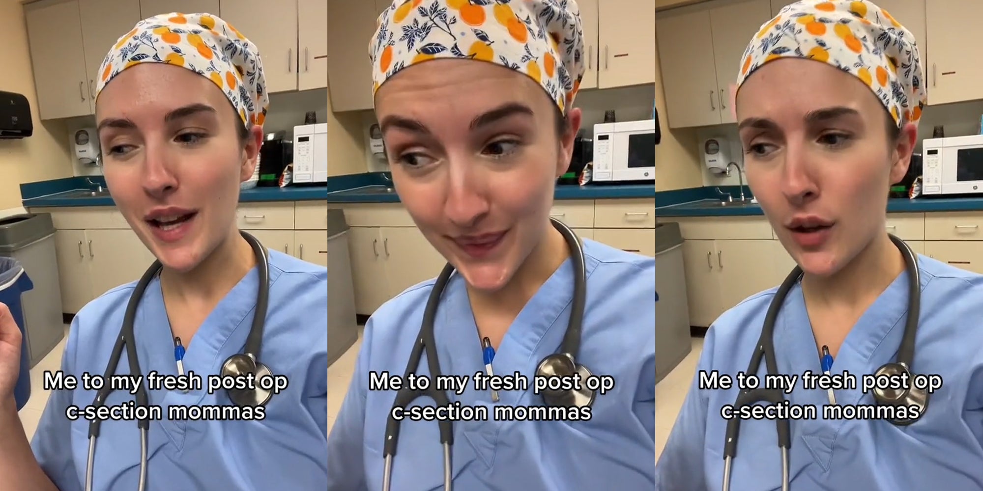 doctor speaking in office with caption 'Me to my fresh post op c-section mommas' (l) doctor speaking in office with caption 'Me to my fresh post op c-section mommas' (c) doctor speaking in office with caption 'Me to my fresh post op c-section mommas' (r)