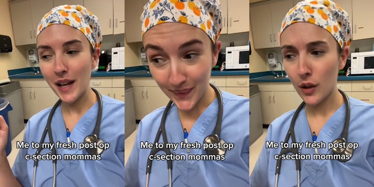doctor speaking in office with caption 'Me to my fresh post op c-section mommas' (l) doctor speaking in office with caption 'Me to my fresh post op c-section mommas' (c) doctor speaking in office with caption 'Me to my fresh post op c-section mommas' (r)