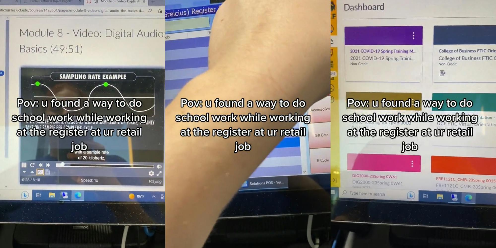 register screen with class on screen with caption "Pov: u found a way to do school work while working the register at your retail job" (l) register screen with caption "Pov: u found a way to do school work while working the register at your retail job" (c) register screen with class on screen with caption "Pov: u found a way to do school work while working the register at your retail job" (r)