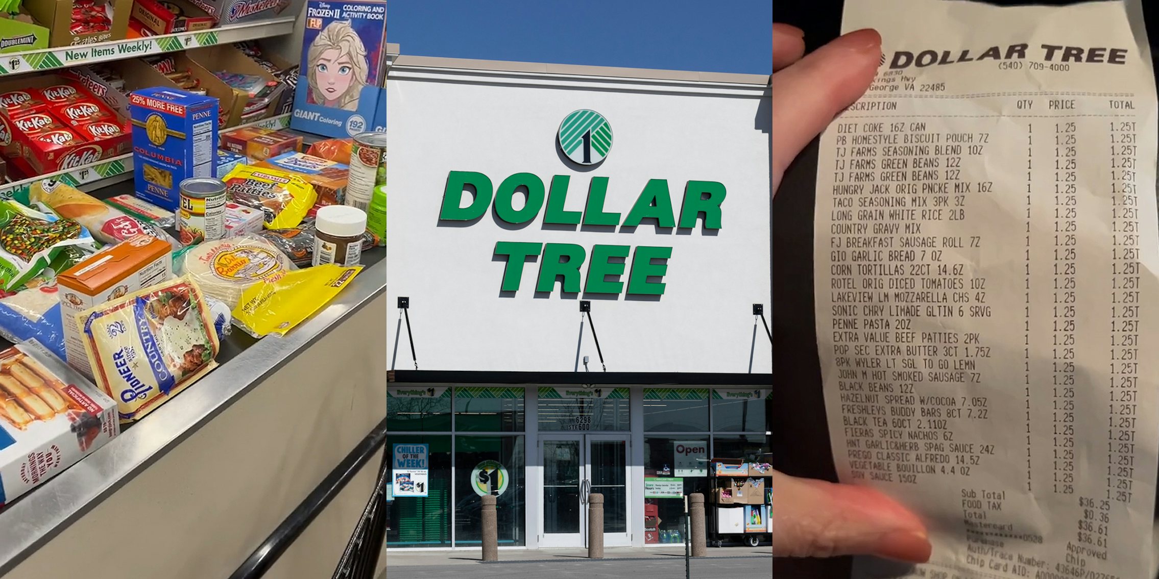 groceries at Dollar Tree checkout (l) Dollar Tree building with sign and blue sky (c) Dollar Tree receipt with $36.25 total (r)
