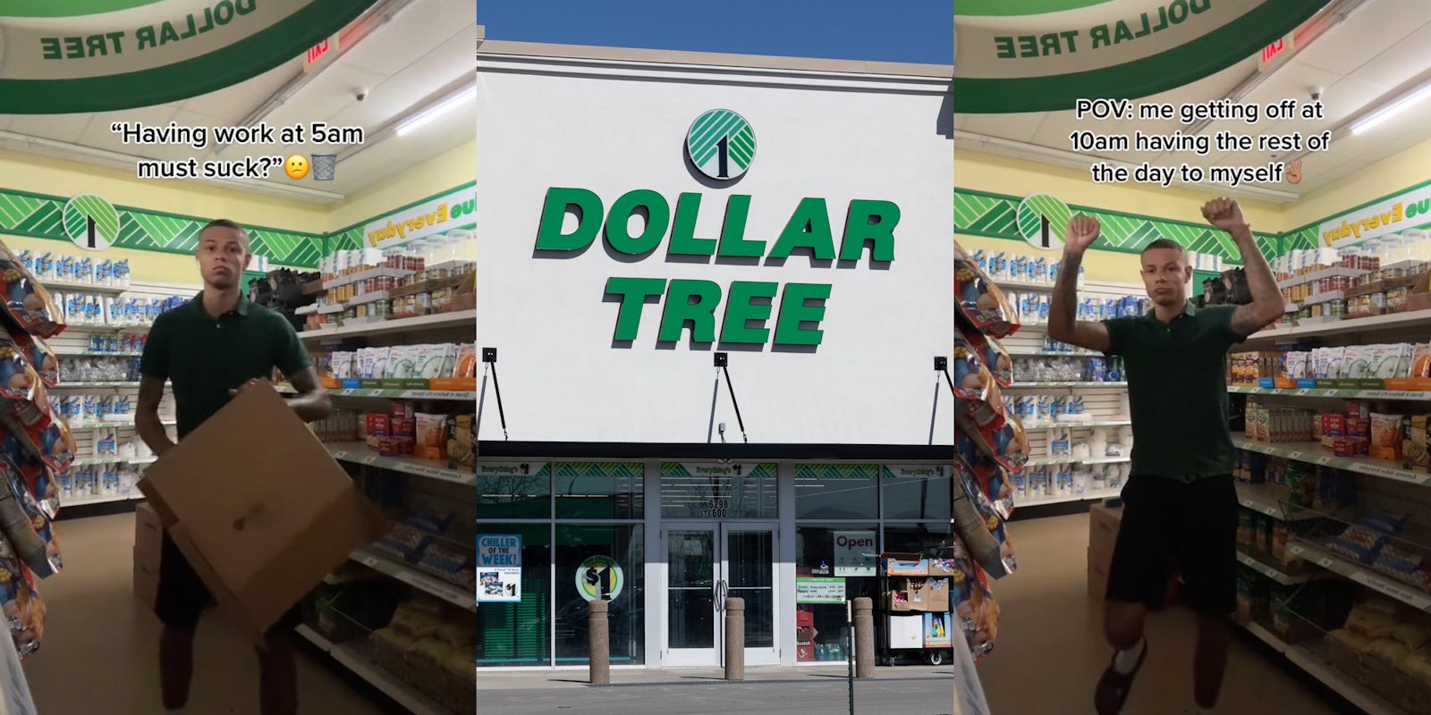 Dollar Tree employee with caption ''Having to work at 5am must suck?'' (l) Dollar Tree building with sign (c) Dollar Tree employee with caption 'POV: me getting off at 10am having the rest of the day to myself' (r)