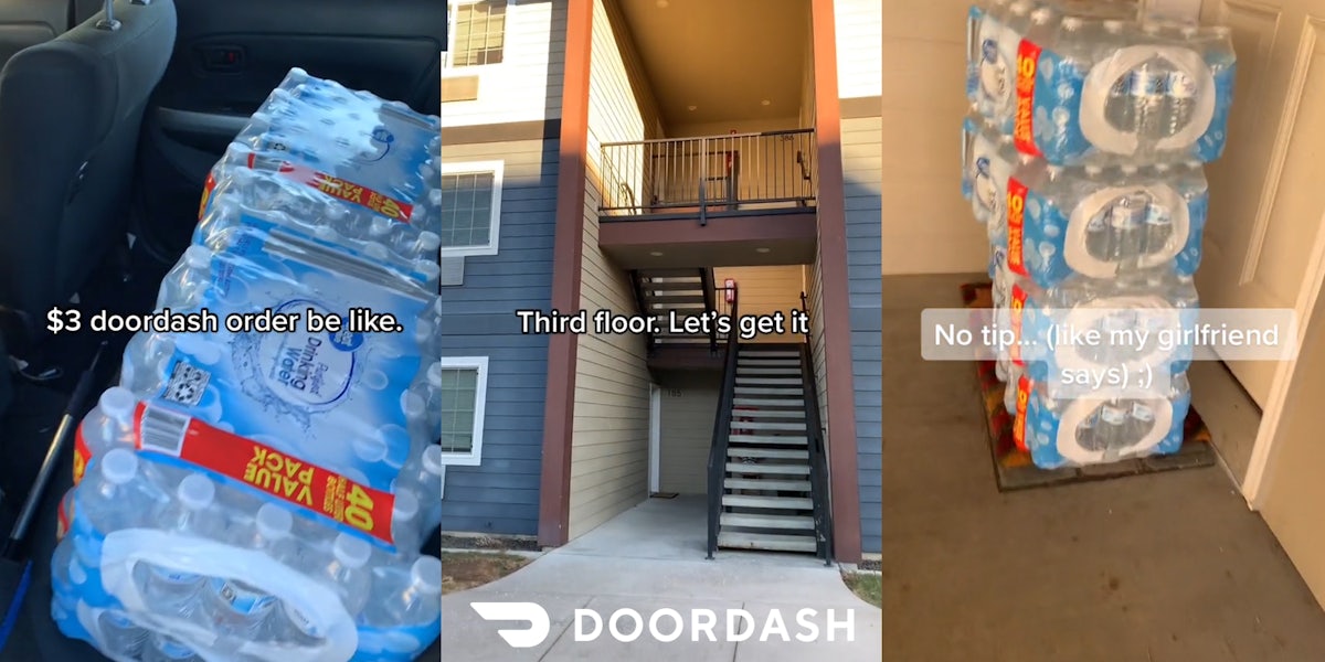 back seat of car with cases of waters with caption '$3 doordash order be like.' (l) apartment stairs with caption 'Third floor. Let's get it' with DoorDash logo at bottom (c) cases of waters stacked at apartment door with caption 'No tip...(like my girlfriend says) ;)' (r)