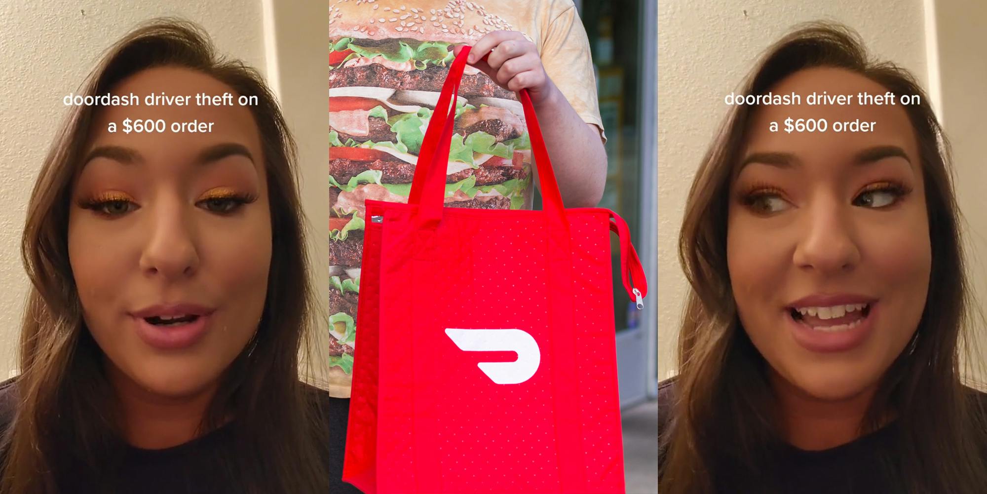worker speaking in front of tan wall with caption "doordash driver theft on a $600 order" (l) DoorDash driver holding branded bag outside (c) worker speaking in front of tan wall with caption "doordash driver theft on a $600 order" (r)