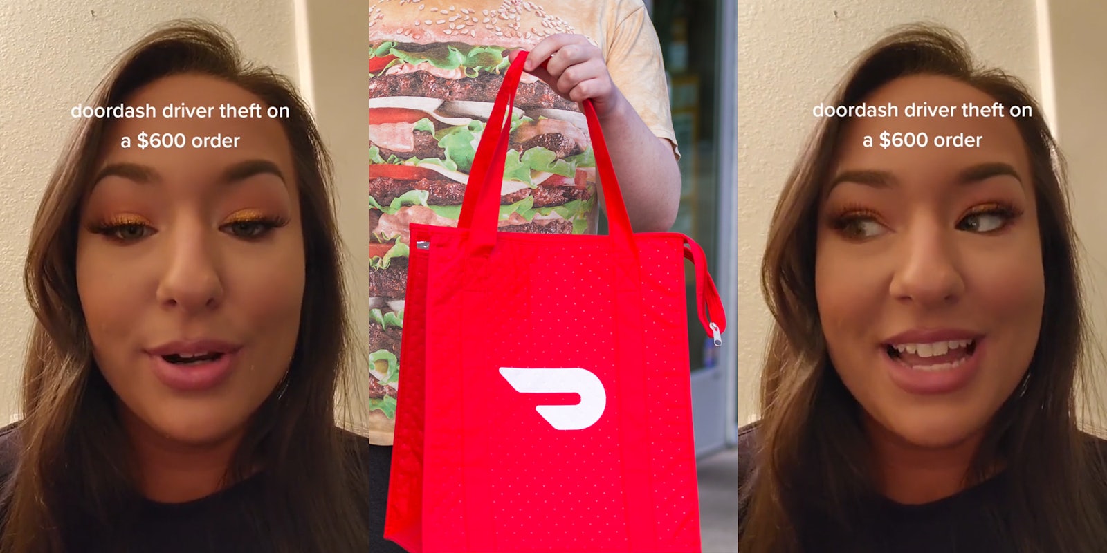 worker speaking in front of tan wall with caption 'doordash driver theft on a $600 order' (l) DoorDash driver holding branded bag outside (c) worker speaking in front of tan wall with caption 'doordash driver theft on a $600 order' (r)