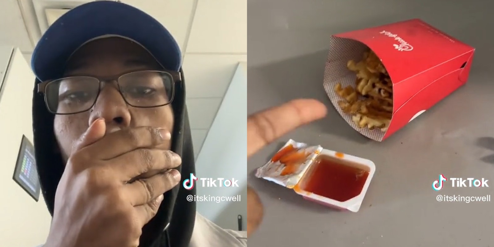 man covering mouth (l) chick fil a fries and sauce (r)