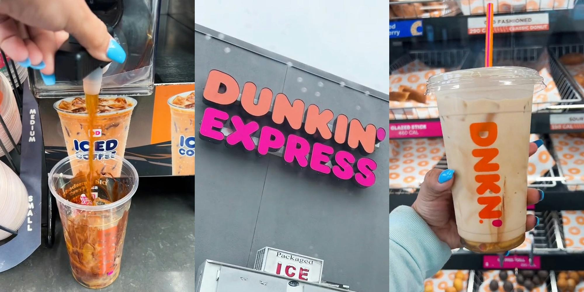 person making coffee in Dunkin' Express (l) Dunkin' Express sign on building (c) Dunkin' drink in hand in front of donuts (r)