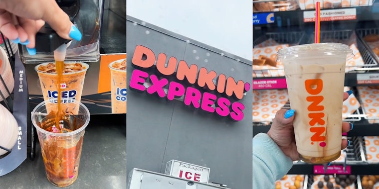 person making coffee in Dunkin' Express (l) Dunkin' Express sign on building (c) Dunkin' drink in hand in front of donuts (r)