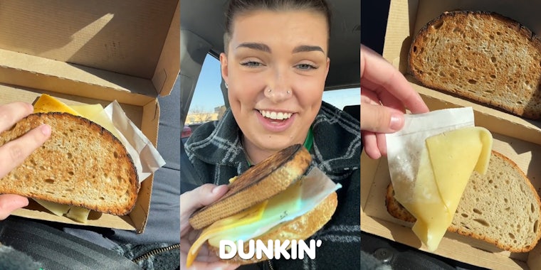 Dunkin' grilled cheese with paper sticking out of right ride (l) woman speaking in car holding Dunkin' grilled cheese with Dunkin' logo at bottom (c) Dunkin' grilled cheese with paper on cheese (r)