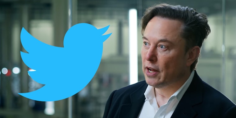 Elon Musk speaking with Twitter bird logo to left