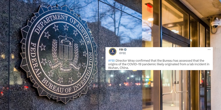 FBI sign on wall outside with Tweet by FBI on right '#FBI Director Wray confirmed that the Bureau has assessed that the origins of the COVID-19 pandemic likely originated from a lab incident in Wuhan, China'