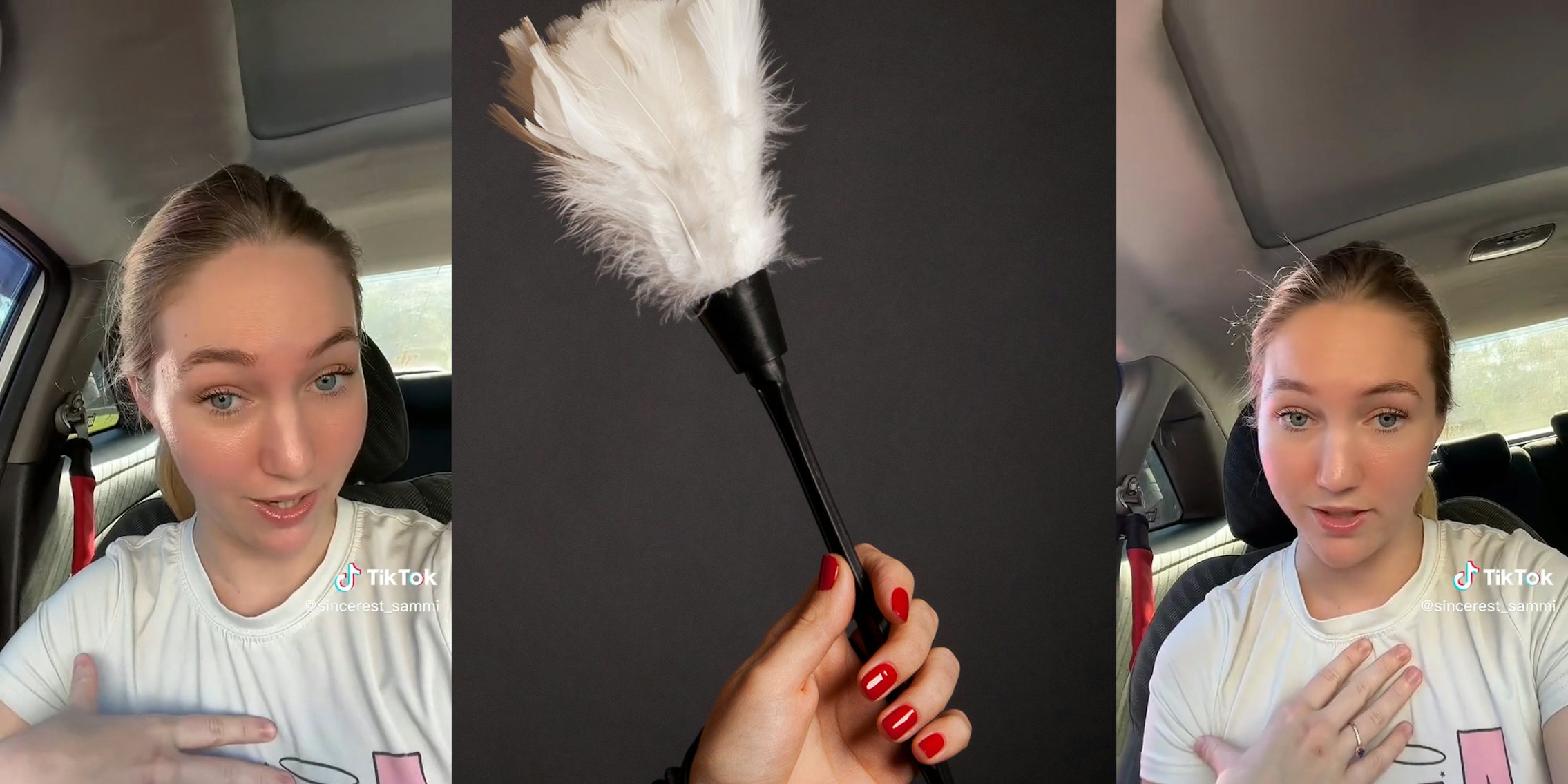 young woman in car (l&r) feather duster (c)