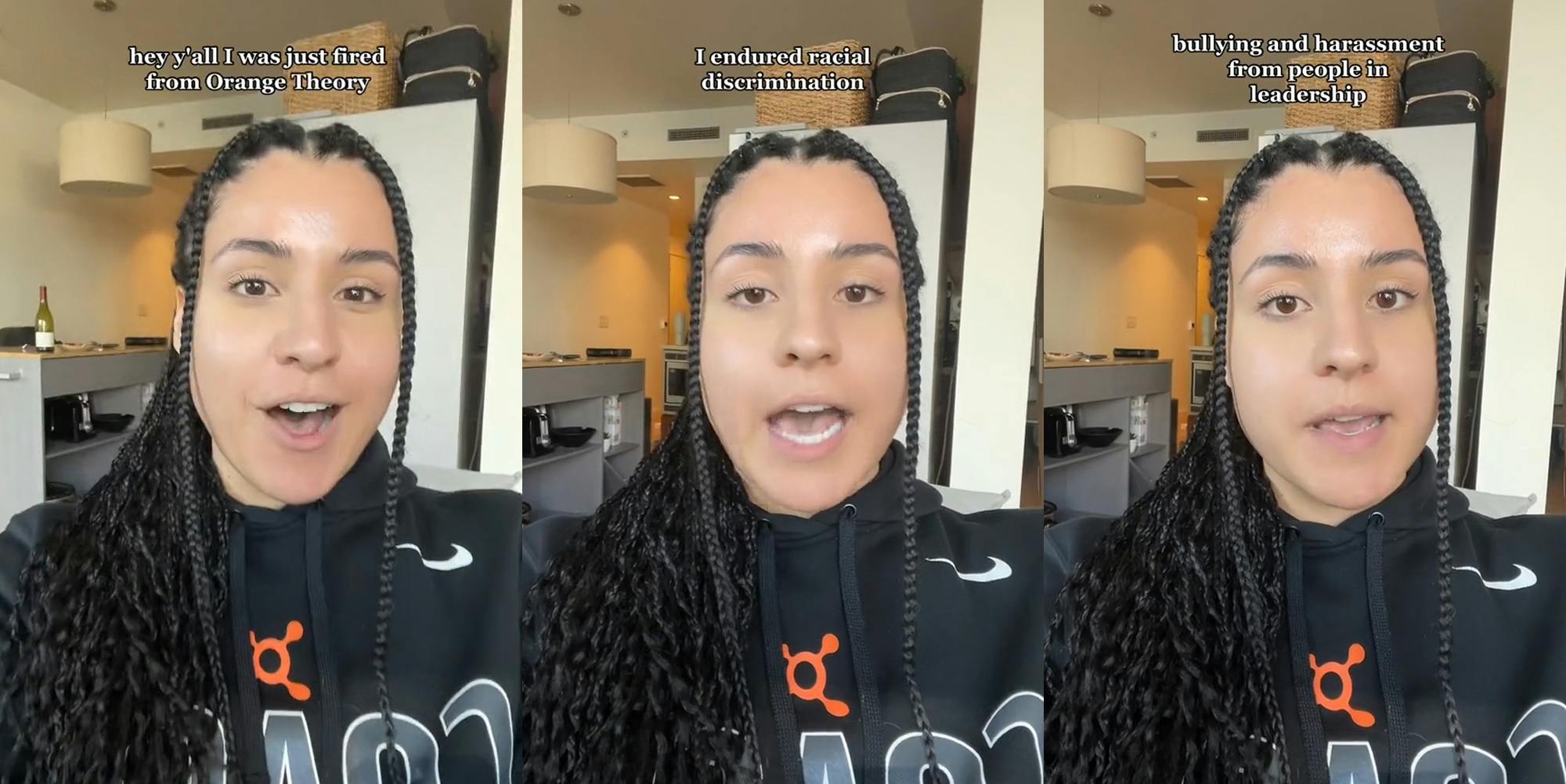 former Orange Theory employee speaking with caption "hey y'all I was just fired from Orange Theory" (l) former Orange Theory employee speaking with caption "I endured racial discrimination" (c) former Orange Theory employee speaking with caption "bullying and harassment from people in leadership" (r)