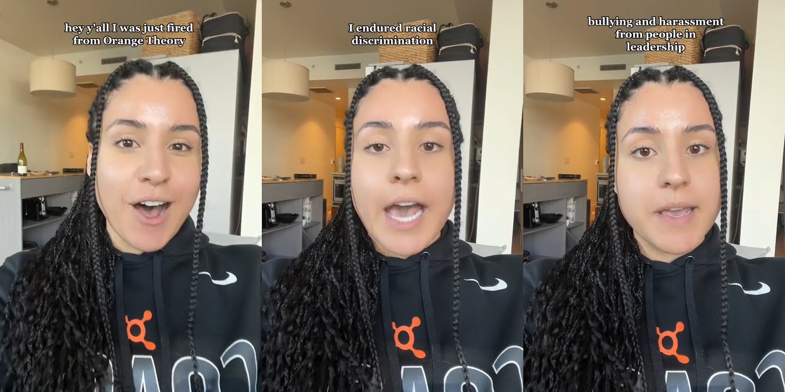 former Orange Theory employee speaking with caption 'hey y'all I was just fired from Orange Theory' (l) former Orange Theory employee speaking with caption 'I endured racial discrimination' (c) former Orange Theory employee speaking with caption 'bullying and harassment from people in leadership' (r)