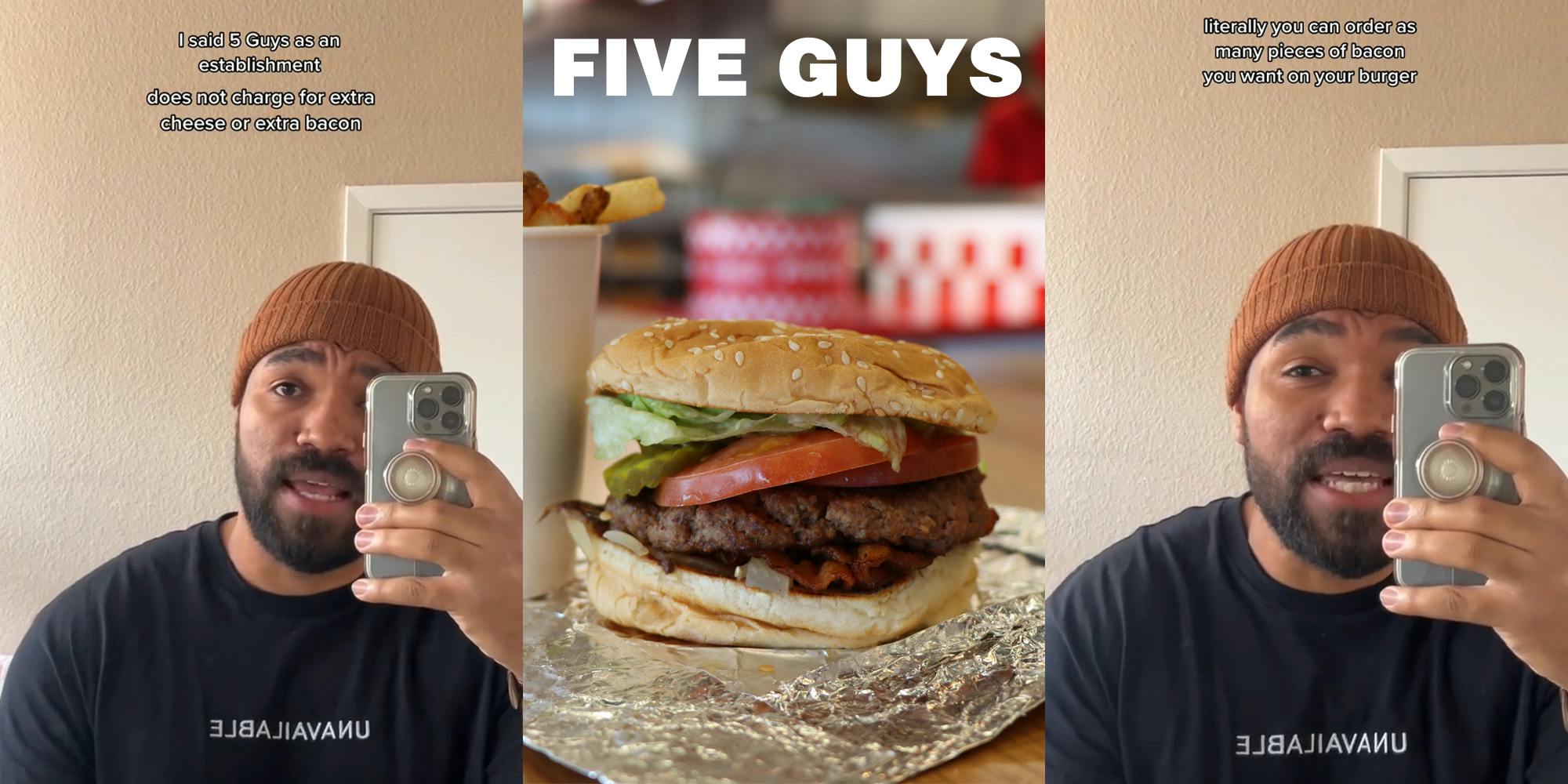 former Five Guys employee speaking with caption "I said Five Guys as an establishment does not charge for extra cheese or bacon" (l) Five Guys logo with bacon burger on table (c) former Five Guys employee speaking with caption "literally you can order as many pieces of bacon you want on your burger" (r)