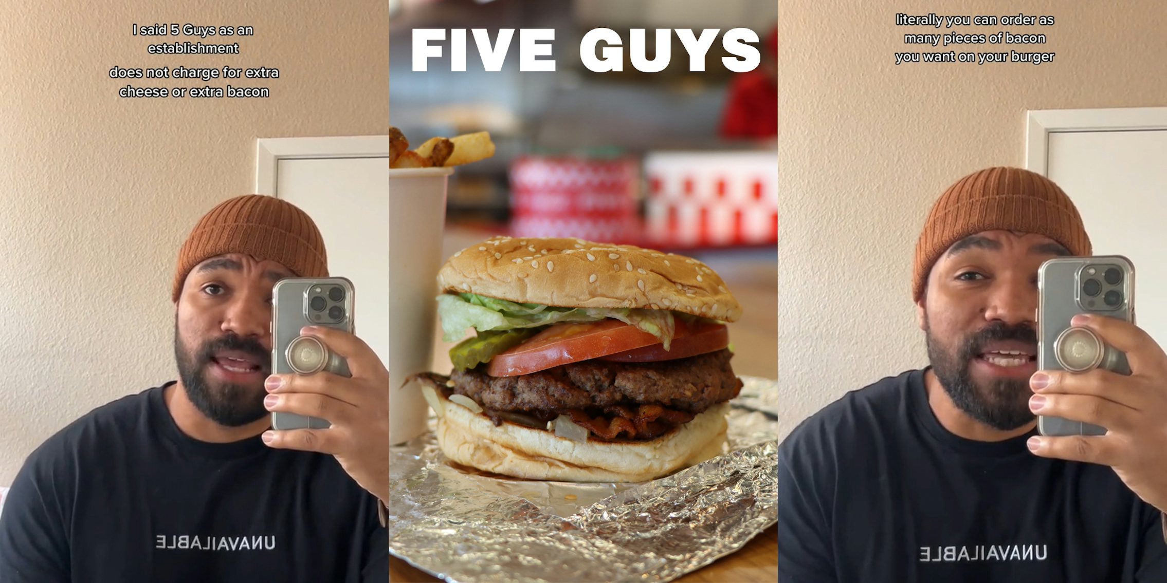 former Five Guys employee speaking with caption 'I said Five Guys as an establishment does not charge for extra cheese or bacon' (l) Five Guys logo with bacon burger on table (c) former Five Guys employee speaking with caption 'literally you can order as many pieces of bacon you want on your burger' (r)