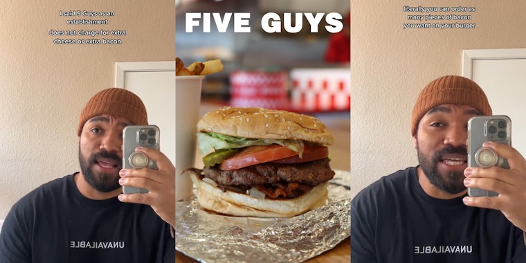 former Five Guys employee speaking with caption 'I said Five Guys as an establishment does not charge for extra cheese or bacon' (l) Five Guys logo with bacon burger on table (c) former Five Guys employee speaking with caption 'literally you can order as many pieces of bacon you want on your burger' (r)