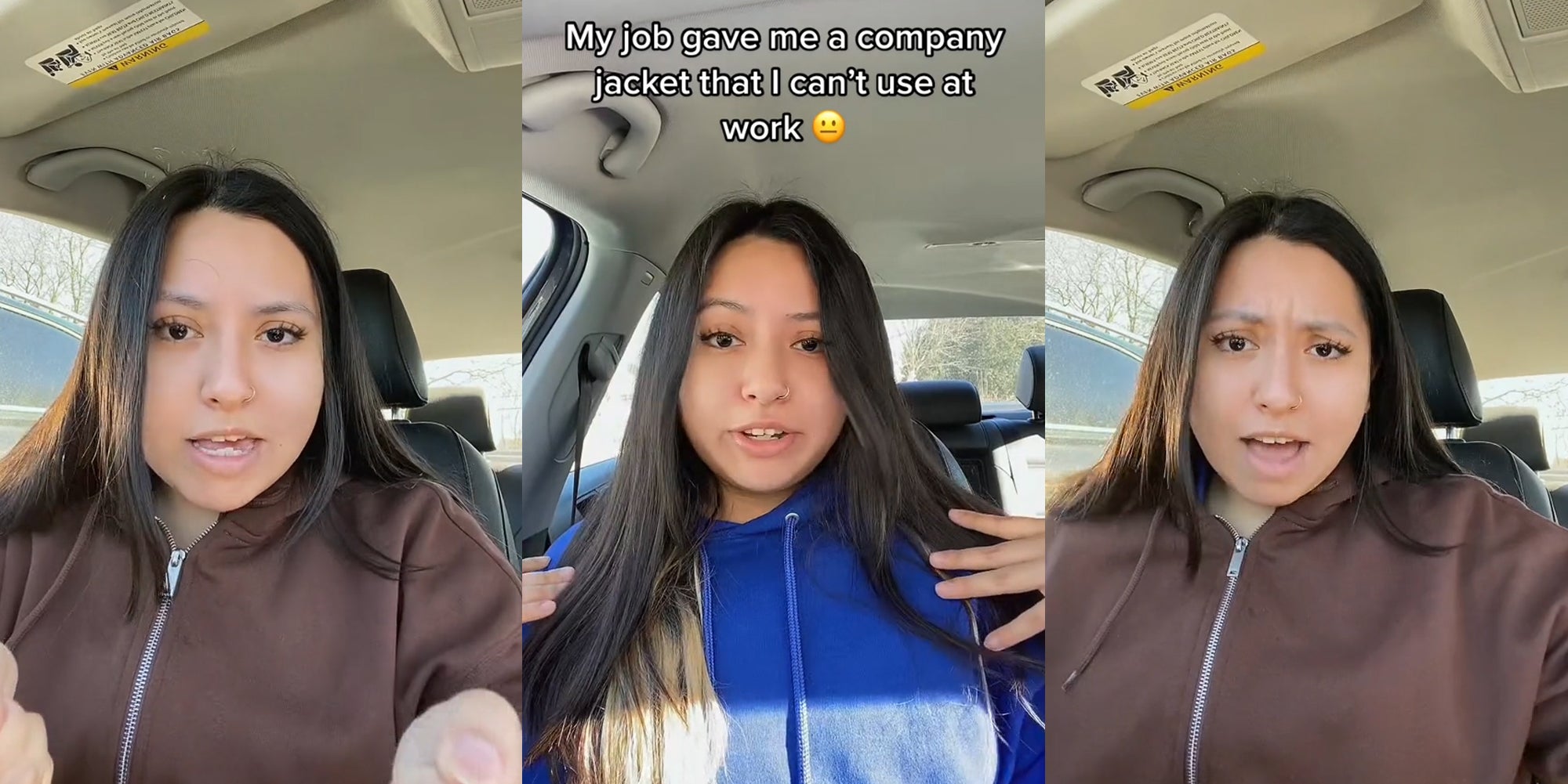 person speaking in car with hands out (l) person speaking in car with blue hoodie on and hands on shoulders with caption 