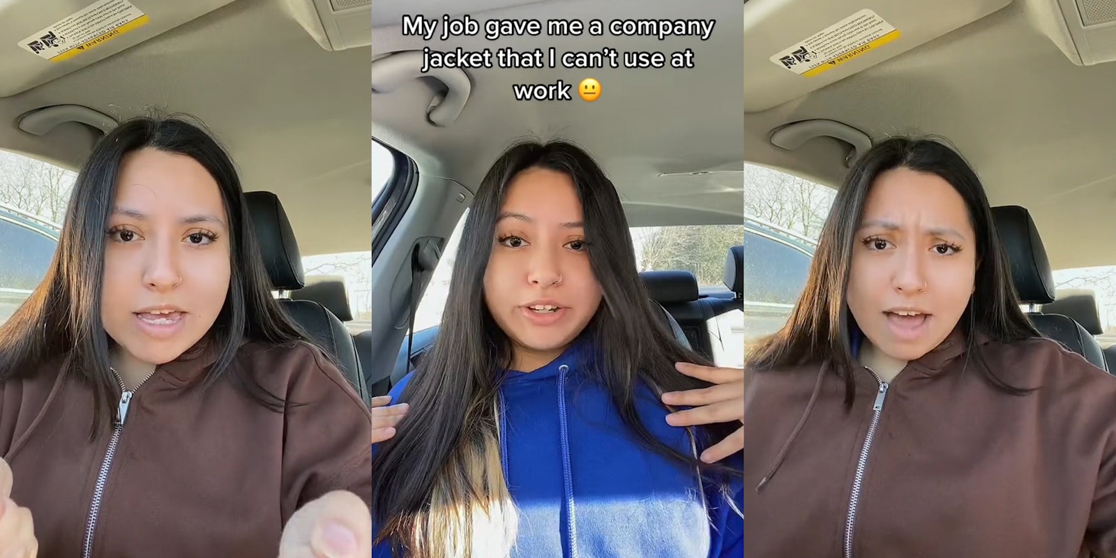 person speaking in car with hands out (l) person speaking in car with blue hoodie on and hands on shoulders with caption 'My job gave me a company jacket that I can't use at work' (c) person speaking in car (r)