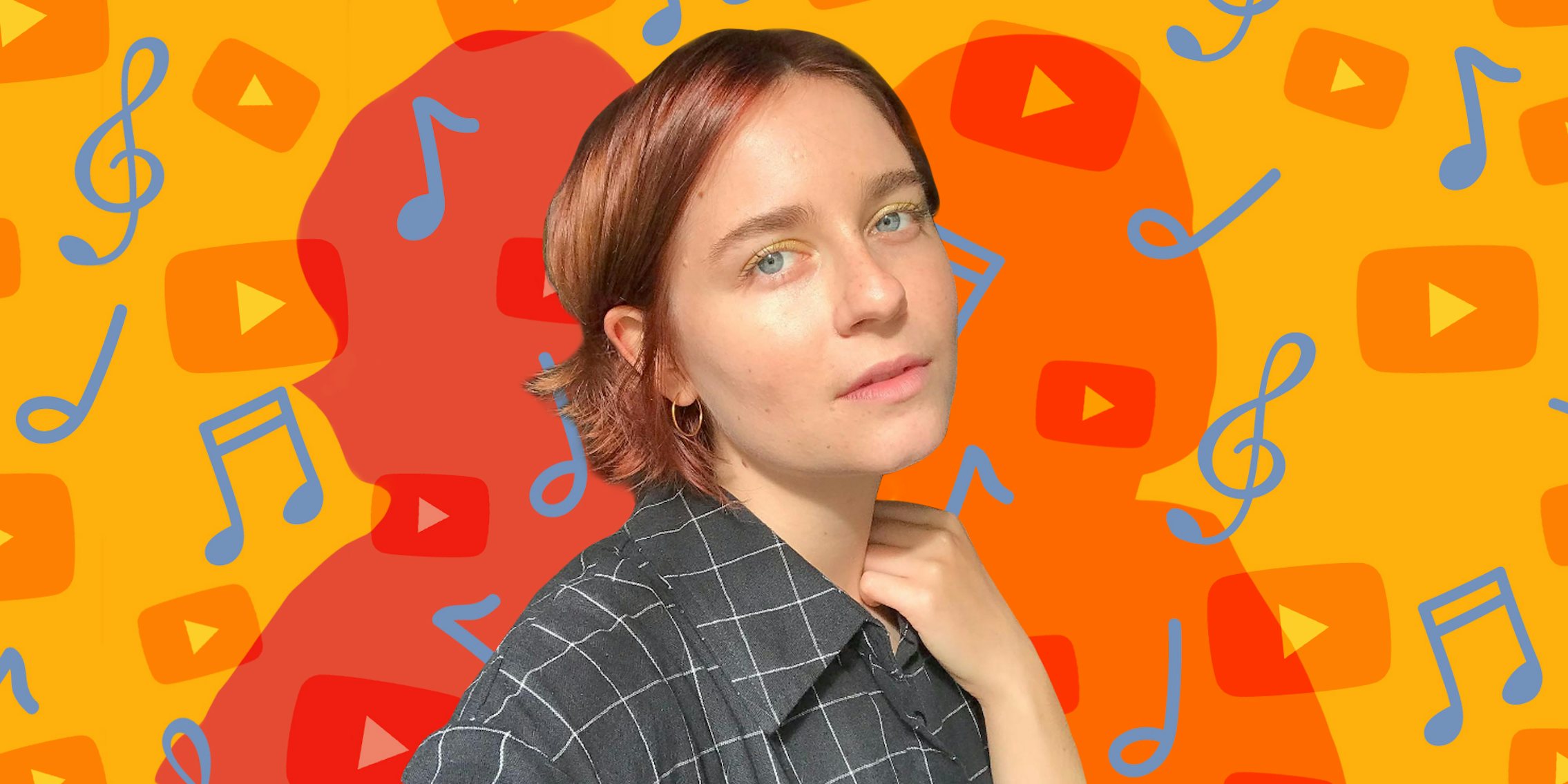 Haley Blais in front of yellow background with YouTube and blue musical notes overlay Passionfruit Remix