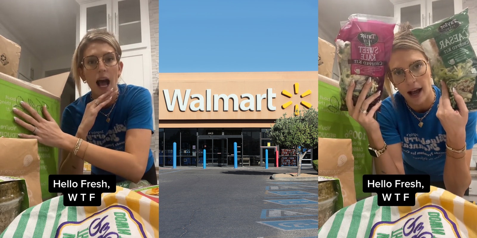 woman speaking with hand on Hello Fresh box with caption 'Hello Fresh, W T F' (l) Walmart building with sign blue sky and parking lot (c) woman speaking holding up Walmart salads next to Hello Fresh box with caption 'Hello Fresh, W T F' (r)