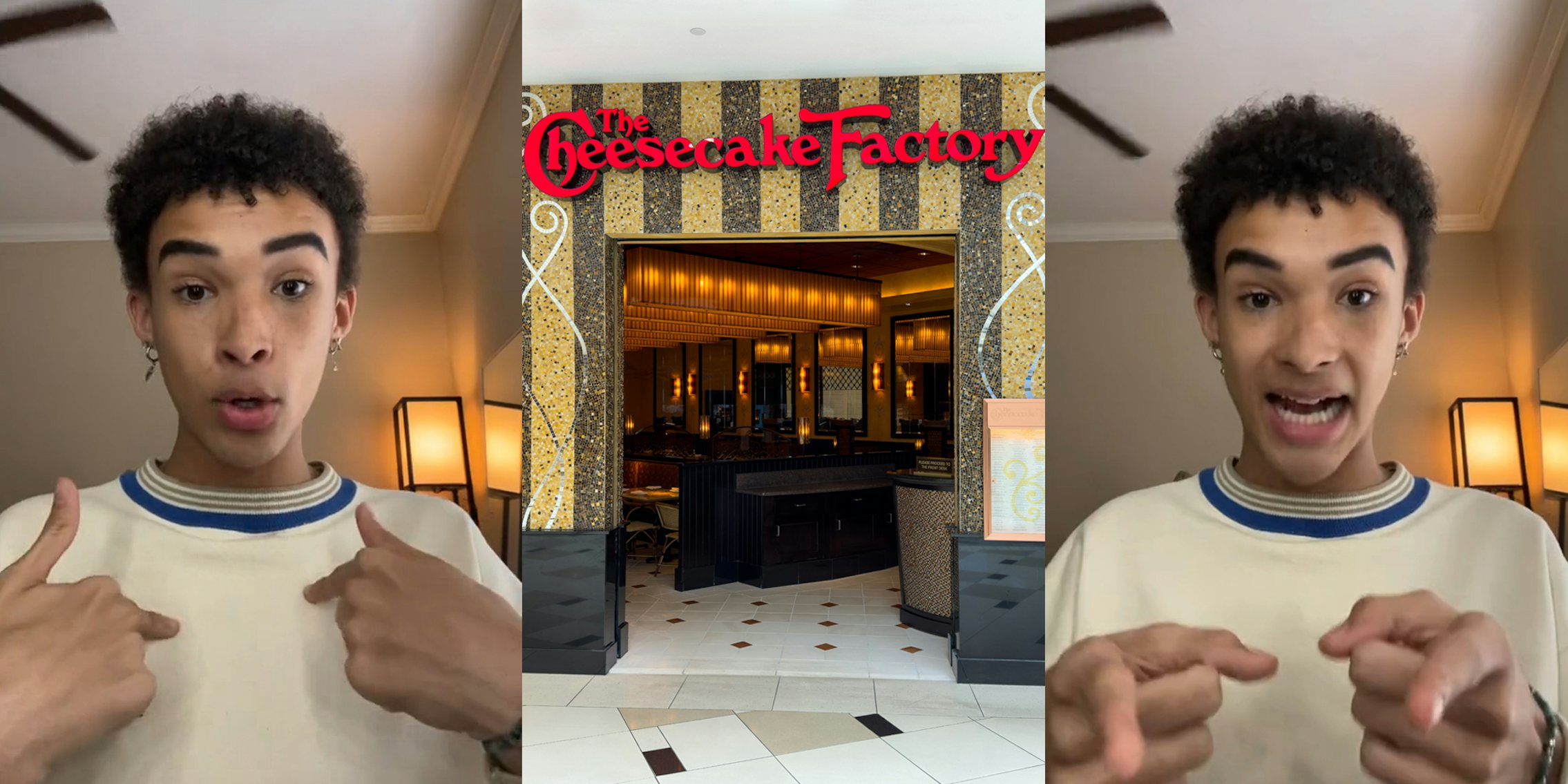 person speaking pointing to chest (l) The Cheesecake Factory entrance with sign (c) person speaking pointing to camera (r)