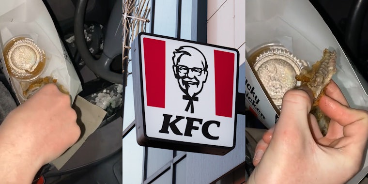 person reaching into KFC box of food in car (l) KFC sign on outside of building (c) person holding up 'spine' in chicken over box of food in car (r)