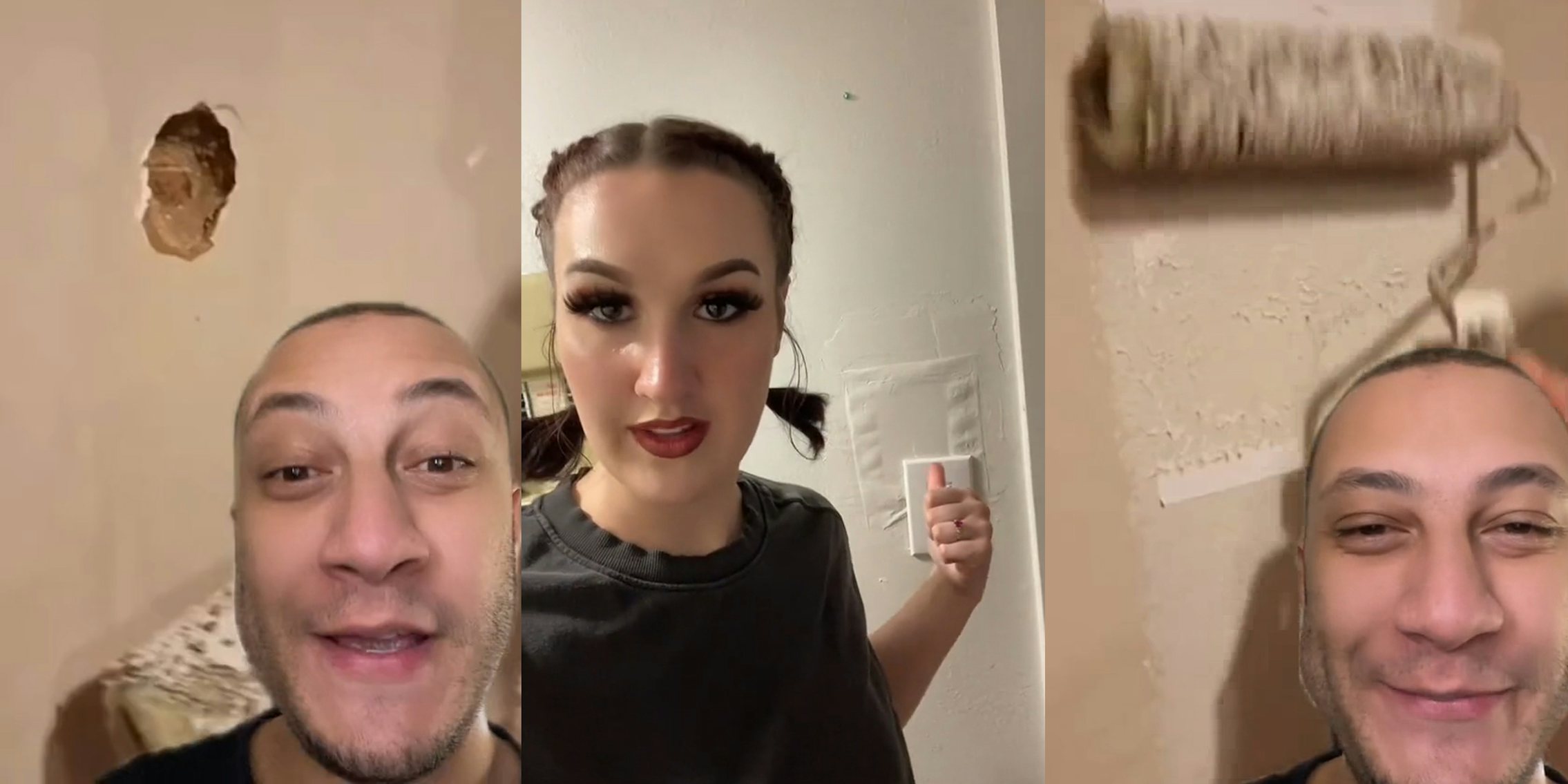 person greenscreen TikTok over image of hole in wall (l) person pointing to paper fix for wall above light switch (c) person greenscreen TikTok over image of hand using roller to paint over paper on wall (r)