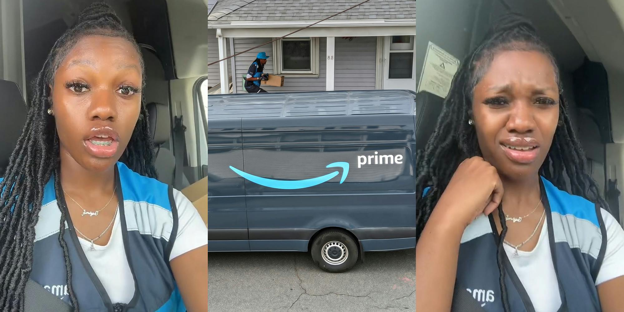 Amazon driver speaking in truck (l) Amazon delivery driver delivering package to front porch (c) Amazon delivery driver speaking in truck (r)