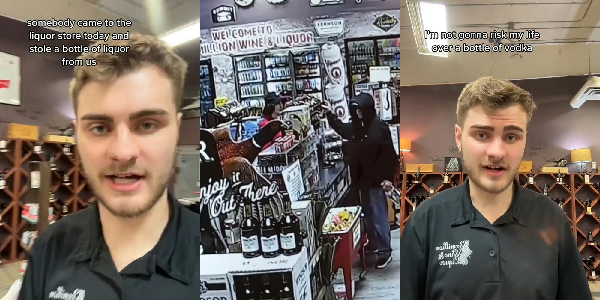 liquor store employee speaking with caption "somebody came to the liquor store today and stole a bottle of liquor from us" (l) security camera footage of robber pointing pepper spray at liquor store employee behind counter (c) liquor store employee speaking with caption "I'm not gonna risk my life over a bottle of vodka" (r)