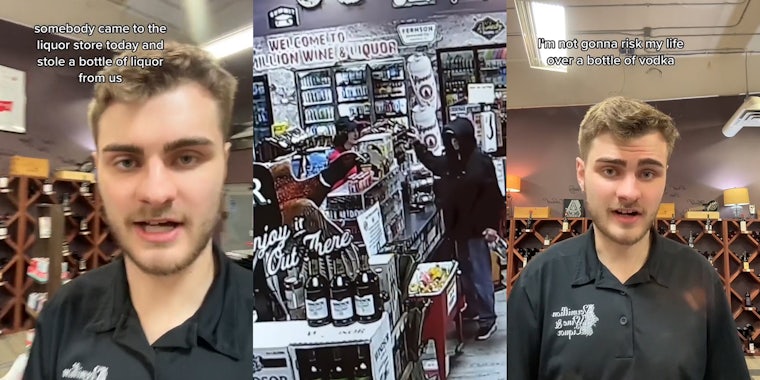 liquor store employee speaking with caption 'somebody came to the liquor store today and stole a bottle of liquor from us' (l) security camera footage of robber pointing pepper spray at liquor store employee behind counter (c) liquor store employee speaking with caption 'I'm not gonna risk my life over a bottle of vodka' (r)