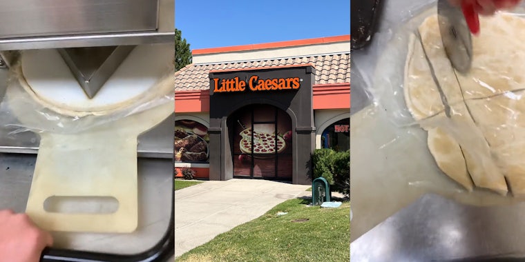 Little Caesar's employee pressing crazy bread dough (l) Little Caesars building with sign (c) Little Caesar's employee cutting crazy bread (r)
