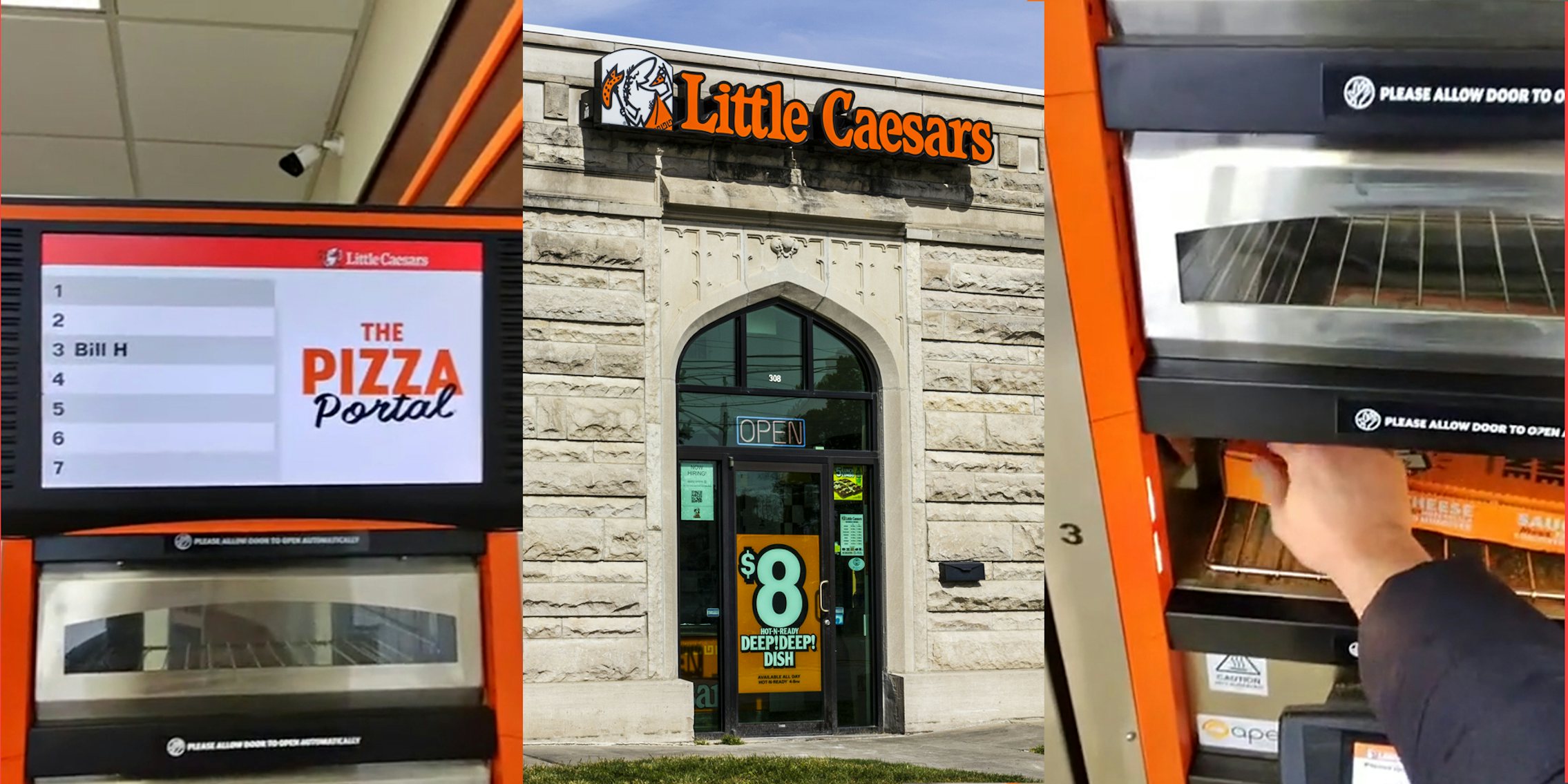 Little Caesars pizza portal screen (l) Little Caesars building with sign (c) person grabbing pizza from Little Caesars pizza portal (r)