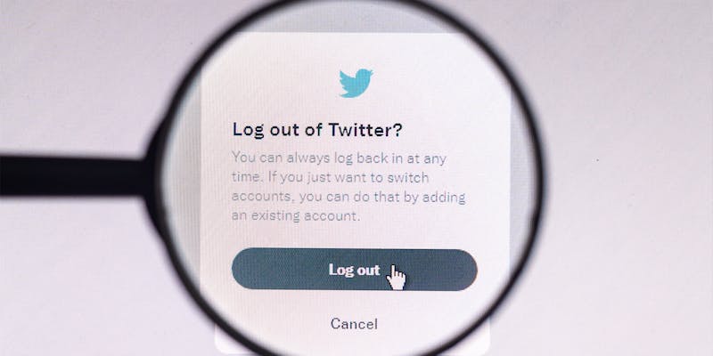 Log out of Twitter on screen "You can always log back in at any time. If you just want to switch accounts, you can do that by adding an existing account. Log out Cancel" with magnifying glass