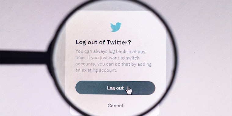 Log out of Twitter on screen 'You can always log back in at any time. If you just want to switch accounts, you can do that by adding an existing account. Log out Cancel' with magnifying glass