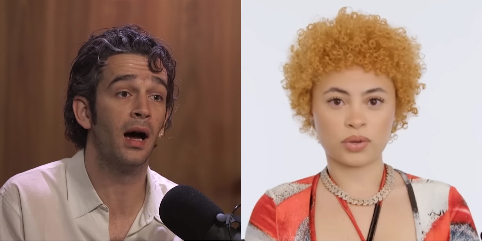 Matty Healy speaking into microphone in front of blurred brown background (l) Ice Spice speaking in front of light grey background (r)