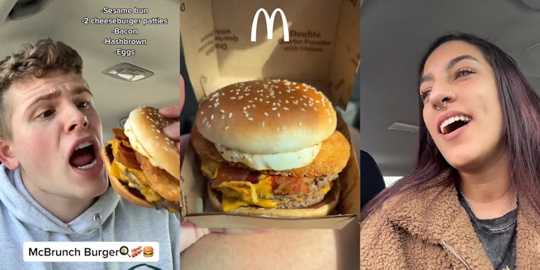 McDonald's customer eating burger in car with caption 'Sesame bun 2 cheeseburger patties Bacon Hashbrown Eggs McBrunch Burger' (l) McBrunch burger with McDonald's 'm' logo above (c) McDonald's customer speaking to drive thru worker through car window (r)